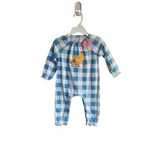 Mud Pie blue gingham plaid romper with crocheted chicken and flowers, size 6-9m